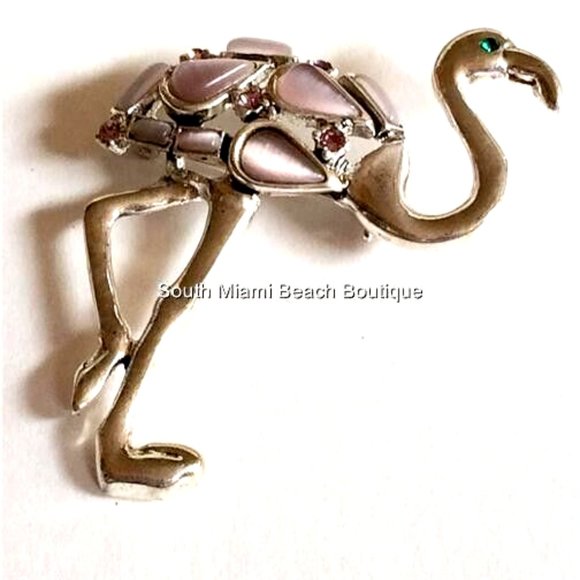 Vintage Flamingo Pin Brooch Silver Plated Purple Cats Eye Crystal Bird Ostrich - Picture 3 of 7